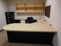 WALL MOUNTED U-SHAPED DESK WITH SHELVES, 2 DRAWER LATERAL, FILE CABINETS, AND (8) ASST'D CHAIRS