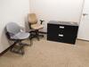 WALL MOUNTED U-SHAPED DESK WITH SHELVES, 2 DRAWER LATERAL, FILE CABINETS, AND (8) ASST'D CHAIRS - 2