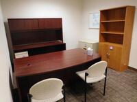 DESK WITH CREDENZA AND HUTCH, 2 DRAWER LATERAL, BOOKCASE, ROUND TABLE AND (4) ASST'D OFFICE CHAIRS