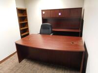 DESK WITH CREDENZA AND HUTCH, BOOKCASE, AND OFFICE CHAIRS