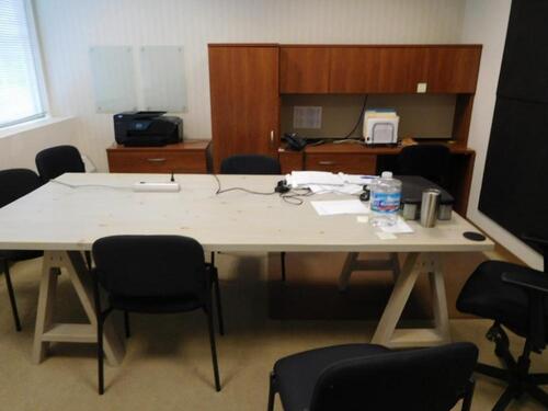 94" X 45" TABLE WITH (2) 2 DRAWER LATERALS, HUTCH, STORAGE CABINET AND (10) ASST'D OFFICE CHAIRS (DELAYED PICK-UP 8-31-18)