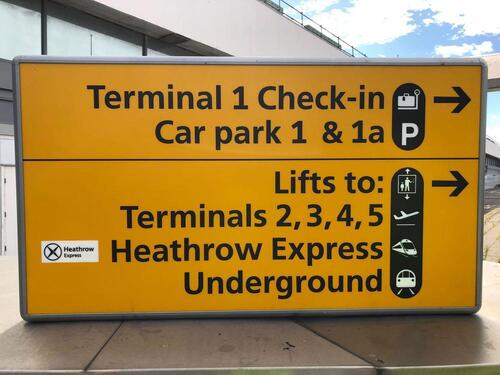 Illuminated sign, showing Terminal 1 Check-in & Terminals 2,3,4,5