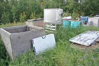 LOT OF MISCELANEOUS FOLDING TABLES, OVEN, METAL EQUIPMENT,TAR PAPER, CONCRETE DECK BLOCKS, DOORS, ETC.