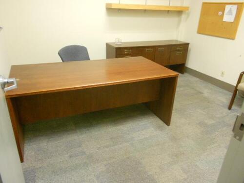 DESK,CREDENZA,5 CABINETS, 3 CHAIRS