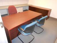 4 DESKS,CREDENZA, 4 CABINETS, 7 CHAIRS