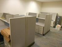 4 SEC PANEL WORKSTATION W/ CABINETS AND CHAIRS