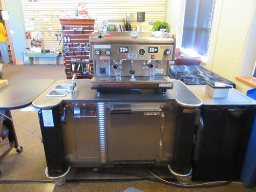 C.M.A LAURENTIS ESPRESSO MACHINE, MODEL: SME12N, WITH BEVERAGE AIR CART WITH REFRIGERATOR AND SINK, (LOCATION: BOOKSTORE)