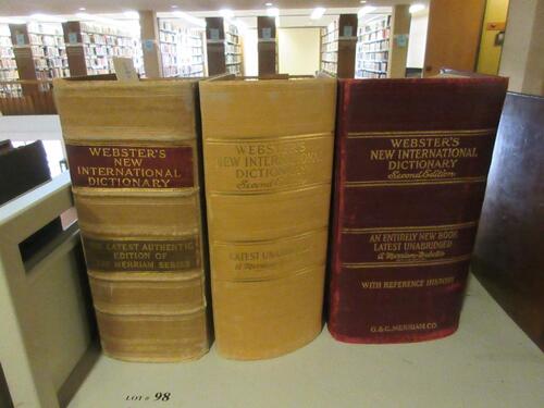 LOT (1) WEBSTER'S NEW INTERNATIONAL DICTIONARY THE LATEST AUTHENTIC EDITION OF THE MERRIAM SERIES, (1930), AND (1) WEBSTER'S NEW INTERNATIONAL DICTIONARY SECOND EDITION, LATEST UNABRIDGED A MERRIAM-WEBSTER (1959), (LOCATION: SHOEN LIBRARY 2ND FLOOR)