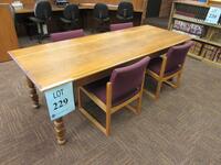 90" WOOD TABLE WITH (4) PURPLE/WOOD CHAIRS, (LOCATION: SHOEN LIBRARY 1ST FLOOR)