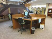 WOOD SIX PERSON HEXAGON STUDY STATION, WITH (4) STOOLS, 121" X 48", (LOCATION: SHOEN LIBRARY 1ST FLOOR)