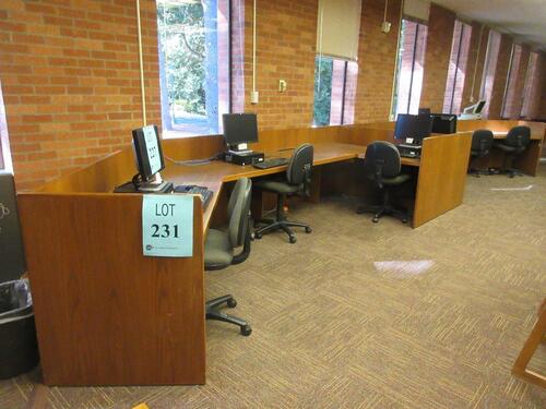 WOOD STUDY STATION, APPROX. 29' FT LONG, X 74" WIDE AT ENDS X 39" HEIGHT, (LOCATION: SHOEN LIBRARY 1ST FLOOR)