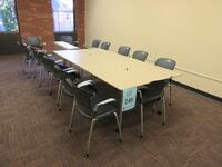LOT (3) HERMAN MILLER INTERSECT GROUP BUTTERFLY FOLDAWAY DROP SIDE CONFERENCE TABLES ON CASTERS, 48" X 48" X 29", WITH (14) HERMAN MILLER STACKING CHAIRS, (LOCATION: SHOEN LIBRARY 1ST FLOOR)