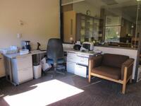 LOT GRAY CORNER DESK, BOOK CASES, CHAIRS , FOLDING TABLE, AND SMALL GRAY CORNER DESK, (LOCATION: SHOEN LIBRARY 1ST FLOOR)