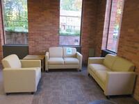 LOT (2) 2-PERSON SOFAS, (1) GUEST CHAIR AND END TABLE, (LOCATION: SHOEN LIBRARY GROUND FLOOR)