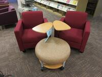 LOT (2) RED FABRIC GUEST CHAIRS WITH TRAY AND CASTERS, (1) ROLLING OTTOMAN, (LOCATION: SHOEN LIBRARY GROUND FLOOR)