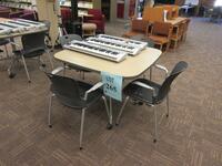 HERMAN MILLER CONFERENCE TABLE ON CASTERS, 42" X 42" X 30" WITH (4) HERMAN MILLER STACKING CHAIRS WITH ARMS, (LOCATION: SHOEN LIBRARY GROUND FLOOR)