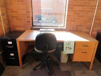 LOT WOOD DESK, (2) GUEST CHAIRS, (2) FLOOR LAMP, METAL BOOK CASE, 4-DRAWER FILE, DOUBLE SIDED WOOD BOOKCASE, 116" X 22" X 43.5", (6) SIDE CHAIRS, AND FAN, (LOCATION: SHOEN LIBRARY GROUND FLOOR)