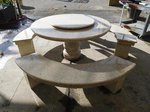 ROUND GRANITE TABLE 55"X28" WITH 3 BENCHES 64" X 14" X "17