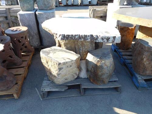 (2) POLISHED TOP BOULDER STONE FOUR SEAT TABLE SETS AND (1) POLISHED TOP BOULDER STONE THREE SEAT TABLE SET (EACH SET COMES WITH UNIQUE DESIGN)