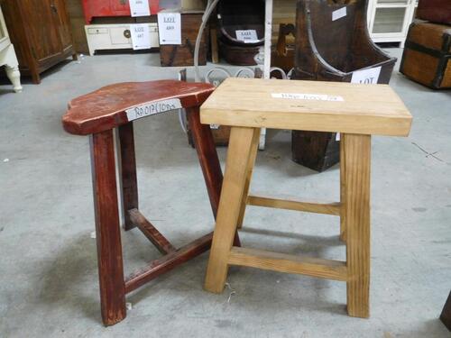 (24) FLAT TOP WOOD STOOL (RRW1600), AND (10) HALF CIRCLE WOOD STOOLS (RA017) (COST $782) (EACH STOOL COMES WITH UNIQUE DESIGN NO TWO ARE THE SAME)