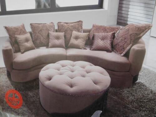 (14) BROWN SOFA WITH FLANNEL FABRIC AND WOOD CARVING AND (10) OTTOMAN WITH WOOD CARVING (COST $15,848) (D5852-00, D5852-03)