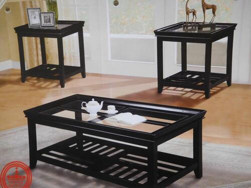 (19) 3-PIECE BLACK COFFEE TABLE SETS, COFFEE/2 END TABLES SET (COST $2299) (4302-117, 4302-118)