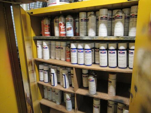 (LOT) ASST'D MOHAWK SPRAY PAINT, LACQUER, AB GLUE, SAND PAPER, STEEL WOOL, AND 4 ASST'D SAFETY CABINETS