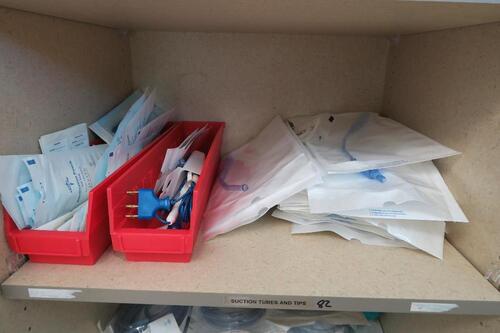 CONTENTS OF SHELF, SUCTION TUBES, STERILIZED PENS AND RULERS, HAMILTON, 3RD FLOOR, RM216