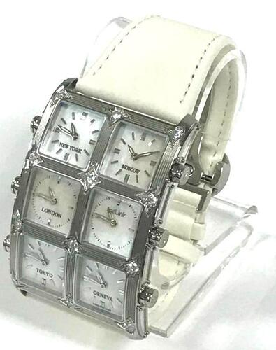 ICELINK 6 TIME ZONE WATCH, STAINLESS STEEL, WATER RESISTANT, WHITE LEATHER STRAP, NO. AM 0200, PAT NO. D509 149 S - Store Display, With Box, No Papers