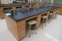 LOT OF 4 DOUBLE SIDED LAB BENCHES (8 STATIONS), WITH WATER, GAS, AIR, VAC, ELECTRIC, SINKS, 4 DRAWERS PER STATION, 8 STOOLS, HAMILTON, 3RD FLOOR, RM207