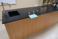 PROFESSORS LAB BENCH WITH WATER, GAS, AIR, VAC, ELECTRIC, SINK, 5 DRAWERS, 1 CABINET, 1 STOOL, HAMILTON, 3RD FLOOR, RM207
