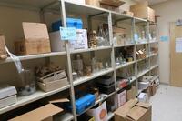 LARGE LOT, 1/2 OF STORAGE ROOM, LEFT SIDE FROM KITCHEN, MISC GLASS AND BIOLOGY LAB SUPPLIES, INCLUDES 5 SECTIONS OF STEEL SHELVING, HAMILTON, 3RD FLOOR, RM206C