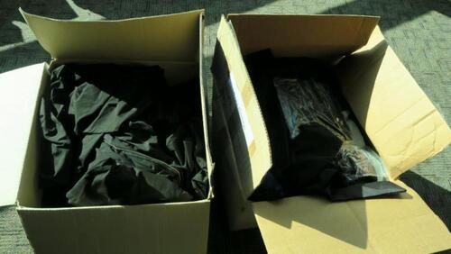 LOT, 2 BOXES OF MISC BLACK COMMENCEMENT GOWNS, SPALDING, UPPER LEVEL FLOOR, RM MESS HALL