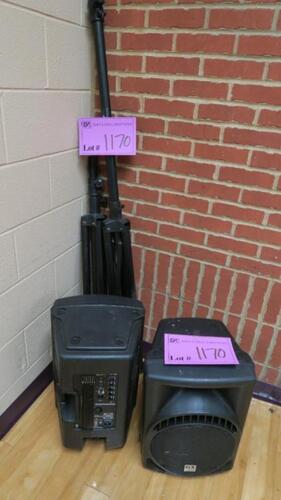 LOT, PAIR OF GEMINI POWERED PA SPEAKERS WITH STANDS, SPALDING, LOWER LEVEL FLOOR, RM STUDENT CENTER