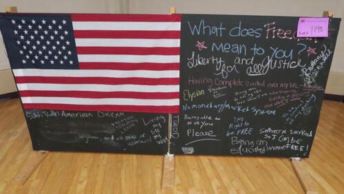 LOT, BOARD WITH AMERICAN FLAG, SPALDING, LOWER LEVEL FLOOR, RM STUDENT CENTER