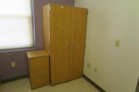 DORM SUITE, 4-TWIN SIZE BUNKABLE BEDS, 4-2 DOOR WARDROBES, 4-3 DRAWEWR DRESSERS, 4-DESKS, 4-CHAIRS, 1-SOFA, 2-ARM CHAIRS, KITCHEN WALL CABINET, KITCHE