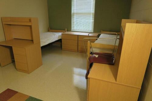 LOT, 4-BUNKABLE BEDS, 4-3DRAWER DRESSERS, 4-STUDENT DESKS WITH BRIDGE & LIGHT, 4-CHAIRS, 4-2 DOOR WARDROBES, DOMINIC DORM, 3RD FLOOR, RM336 & 338