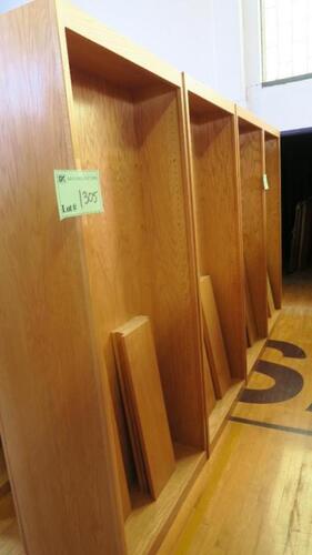 LOT, 4 LARGE DOUBLE SIDED WOODEN BOOK CASES WITH SHELVES IN LIGHT OAK, LOURDES, UPPER FLOOR, RM GYM