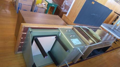 LOT, 1-WOOEN DESK WITH BRIDGE, 1-STEEL DESK, 1-STTEL WORK TABLE, 1-WOODEN CREDENSA, 1-SMALL WOODEN DESK, LOURDES, UPPER FLOOR, RM GYM