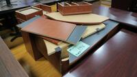 LOT, 2-WOODEN L SHAPED DESKS, 1-BOOK SHELF, LOURDES, UPPER FLOOR, RM GYM