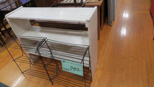 LOT, MISC ITEMS, PRINTER CART, ARMOIR, SHELVES, BOOK SHELF, OFFICE DIVIDERS,TABLES, WIRE BOOK RACKS, LOURDES, UPPER FLOOR, RM GYM