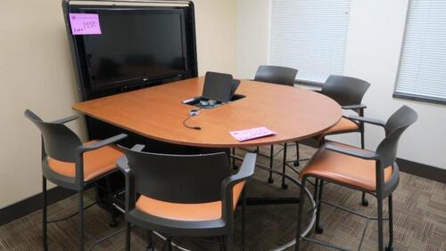 LOT, STEELCASE VIDEO CONFERENCE TABLE WITH TV STAND, LG 42" LCD TV, 5-ROLLING HIGH ARM CHAIRS, HUNDLEY, 2ND FLOOR, RM 227