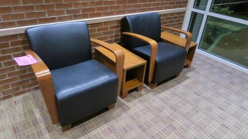 LOT, 4-LEATHER AND WOOD ARM CHAIRS, 4 SMALL TABLES, HUNDLEY, 2ND FLOOR, RM SOUTH