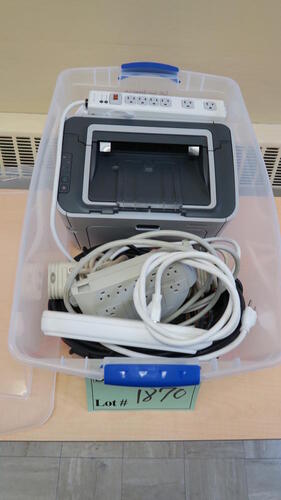 LOT, HP LASER JET P1505N PRINTER, MISC CABLES, ALL IN PLASTIC TUB, LOURDES, LOWER FLOOR, RM LO3