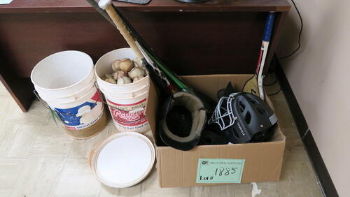 LOT, MISC BASEBALL EQUIPMENT, BASEBALLS, BATS, HELMETS, AS SHOWN, LOURDES, LOWER FLOOR, RM LO5