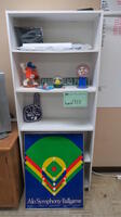 LOT, ONE WHITE BOOKSHELF PLUS CONTENTS (MISC BANNERS, BASEBALL PICTURES, NOVELTY ITEMS), LOURDES, LOWER FLOOR, RM LO5