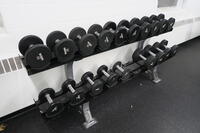 SET OF INTEK DUMB BELLS ON A HAMMER STRENGTH RACK, 5LB TO 60LB, 2014. , LOURDES HALL, LL FLOOR, RM WEIGHT ROOM