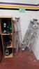 LOT, 8-PAIR ALUMINUM CRUTCHES, WOOD CABINET W/ MISC LEG BRACES AND WEIGHTS, LOURDES, LL FLOOR, RM TRAING ROOM