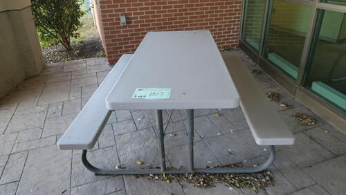 LOT, 2-RESIN PICNIC TABLES, 1-OUTDOOR TRASH CAN, 1-WOODEN PICNIC TABLE (CURRENTLY AT LOADING DOCK), HAMILTON, 1ST FLOOR, RM FACULTY COMMONS OUTSIDE