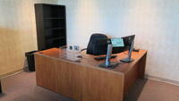 LOT, L SHAPED DESK, 1-DESK CHAIR, 1-SHORT HON VERTICAL CABINET, 1-TALL HON VERTICAL CABINET, 1-HON 3 DRAWER LATERAL FILE CABINET, 1-HON STEEL BOOK CASE, 1-CHROME COAT HOOK, DELL OPTIPLEX 3020 COMPUTER SYSTEM WITH 2-MONITORS KB MOUSE, 2-GREEN LEATHER ARM C